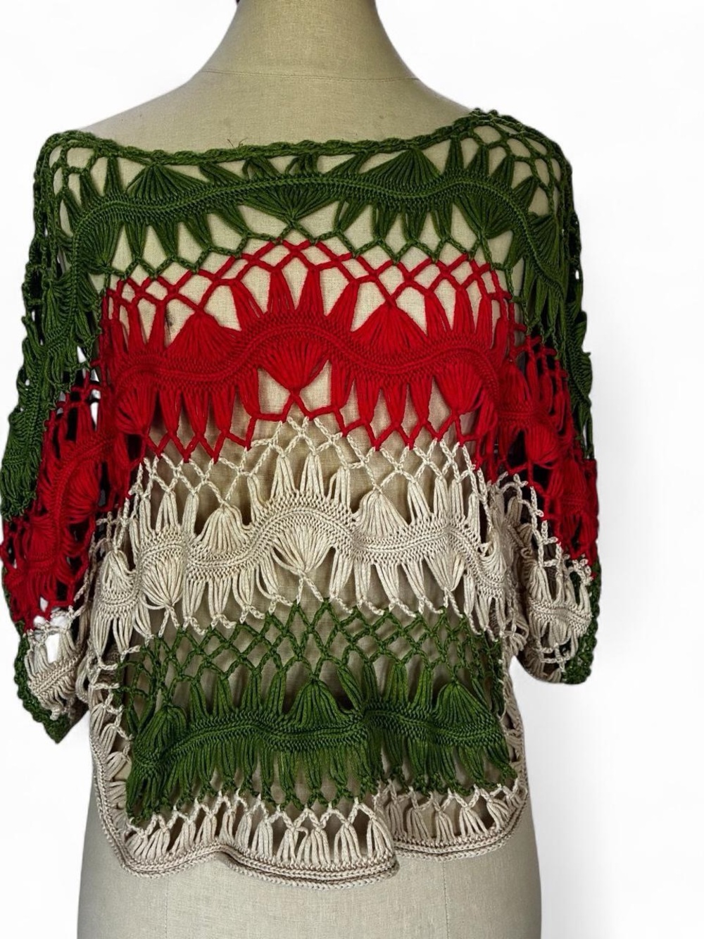 Crochet Openwork Top in Green, Red & Cream